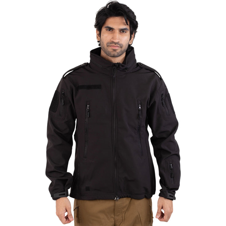 Tactical Softshell Military Jacket with Shoulder Flaps - Black