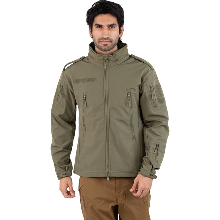 Tactical Softshell Military Jacket with Shoulder Flaps - Olive Green