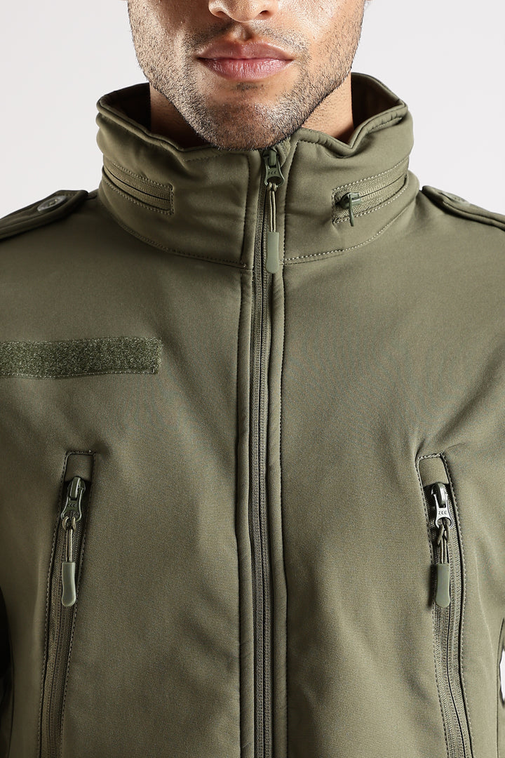 Tactical Softshell Military Jacket with Shoulder Flaps - Olive Green