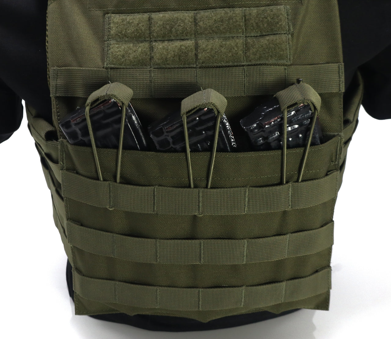 Green tactical vest with multiple pockets on a white background