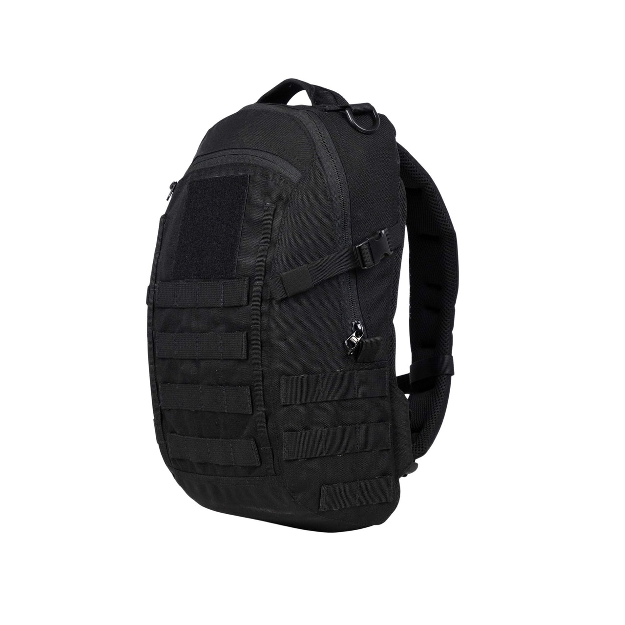 A black curve tactical daypack with MOLLE webbing, a front utility pocket, and padded shoulder straps, shown from a three-quarter angle on a white background.