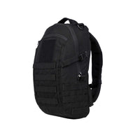 Thumbnail for A black curve tactical daypack with MOLLE webbing, a front utility pocket, and padded shoulder straps, shown from a three-quarter angle on a white background.