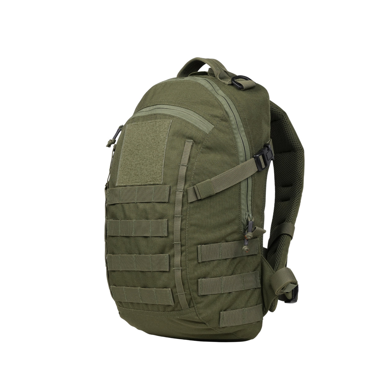 An olive green tactical curve daypack with multiple front utility pockets, webbing straps, and padded shoulder straps, shown against a plain white background.