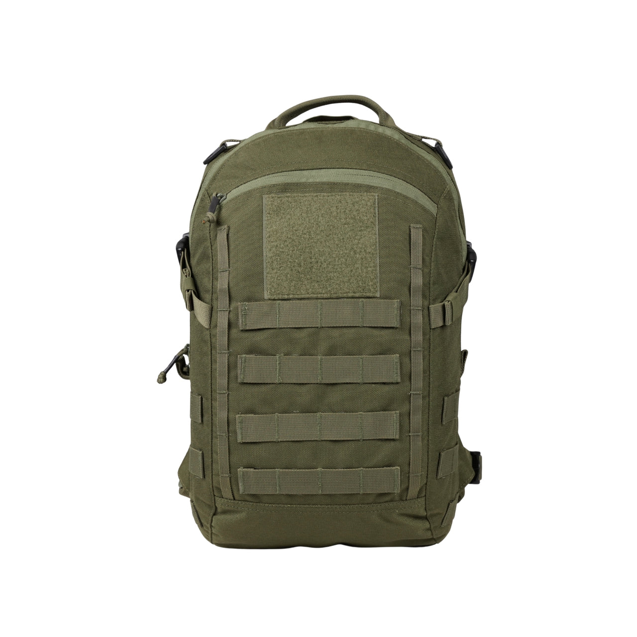 Front view of olive green curve tactical daypack with MOLLE webbing, a top carry handle, and a rectangular patch area on the front, shown against a plain white background.