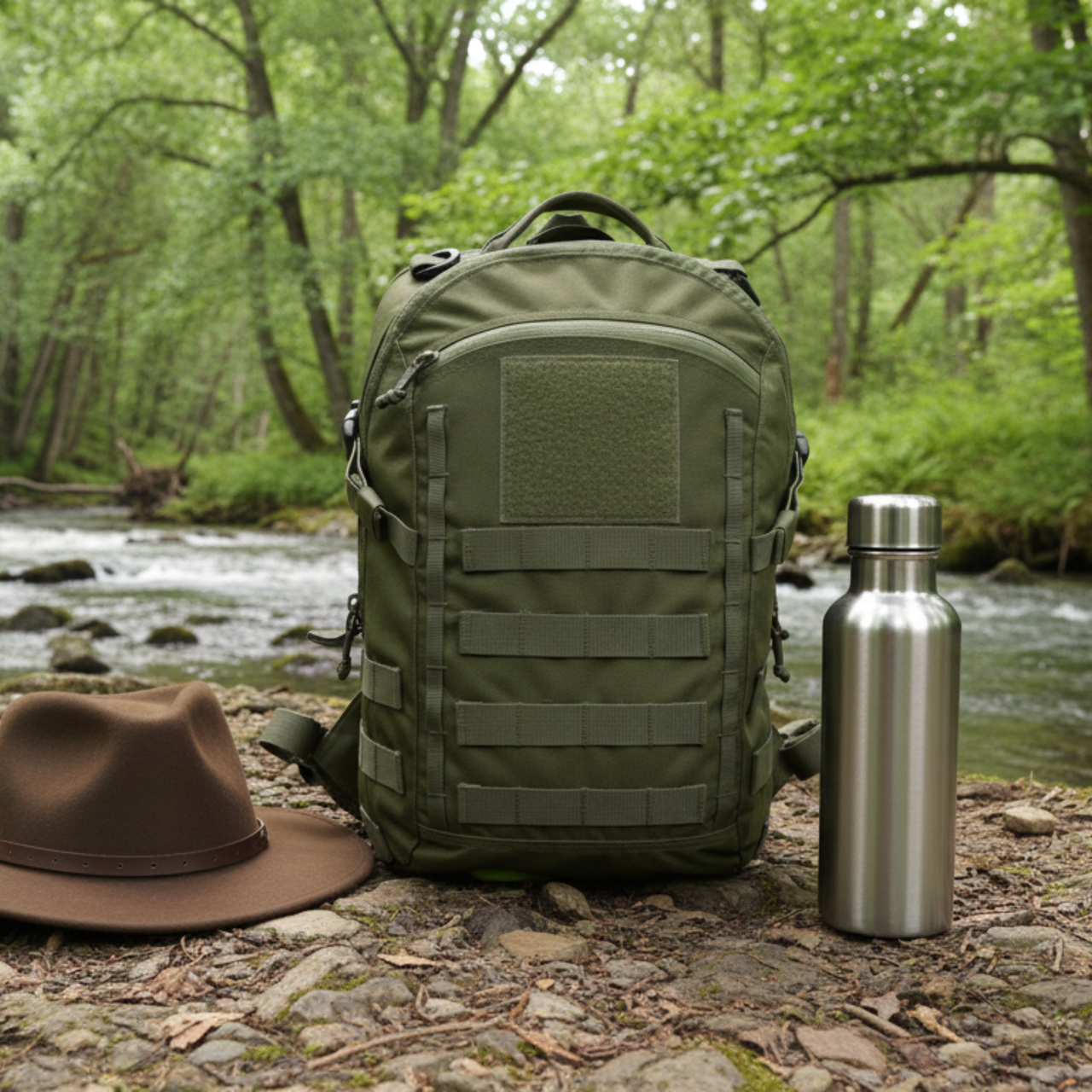 An olive green curve tactical backpack stands on a rocky riverbank with a forest stream in the background. A brown wide-brim hat rests on the left and a stainless steel water bottle stands on the right.