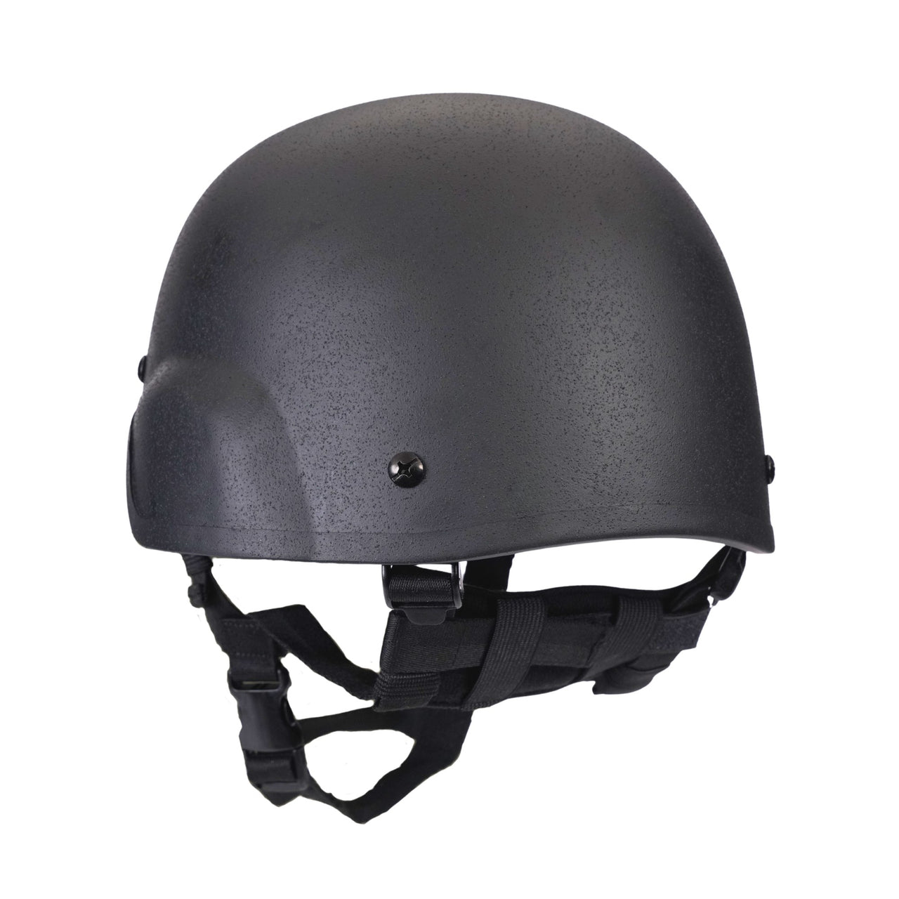 Side angle view of Black military MICH 2000 tactical helmet with chin strap on a white background