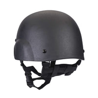 Thumbnail for Side angle view of Black military MICH 2000 tactical helmet with chin strap on a white background