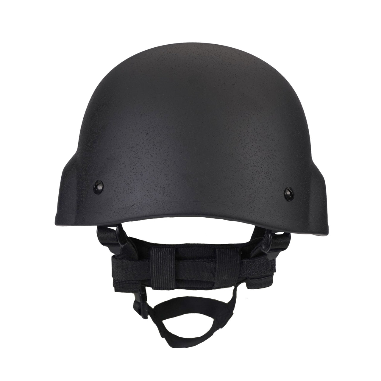 Back view of black military MICH 2000 tactical helmet with a chin strap on a white background