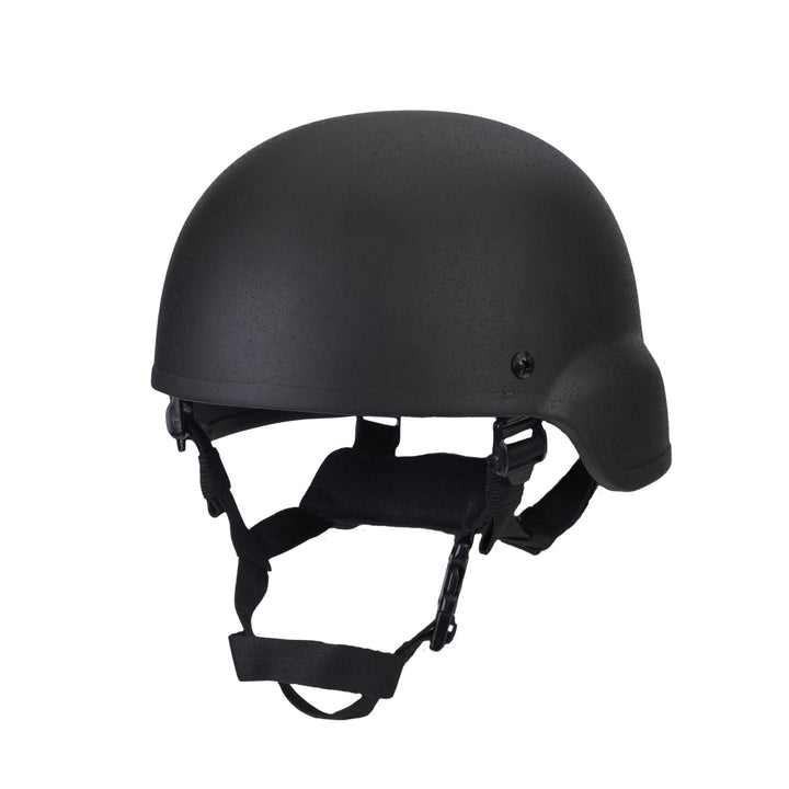 Black MICH 2000 tactical helmet with chin strap on a white background