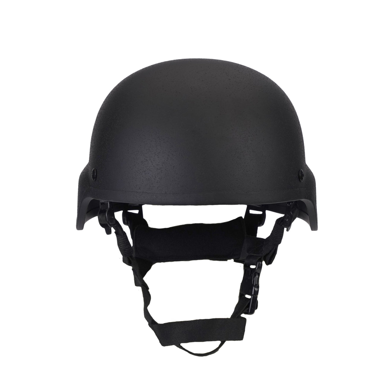 Front view of Black Military MICH 2000 tactical helmet with chin strap on a white background