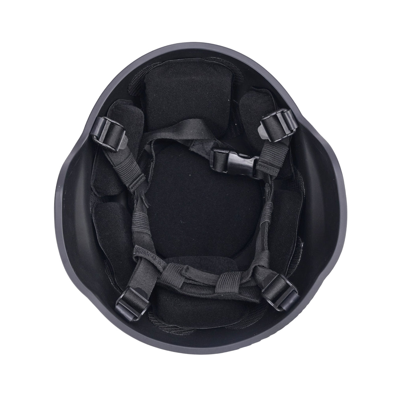 Inside view of black colour military MICH 2000 tactical helmet with black interior memory foam padding and straps on a white background