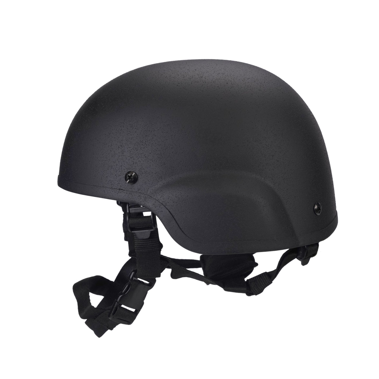 Side view of Black MICH 2000 tactical helmet with straps on a white background