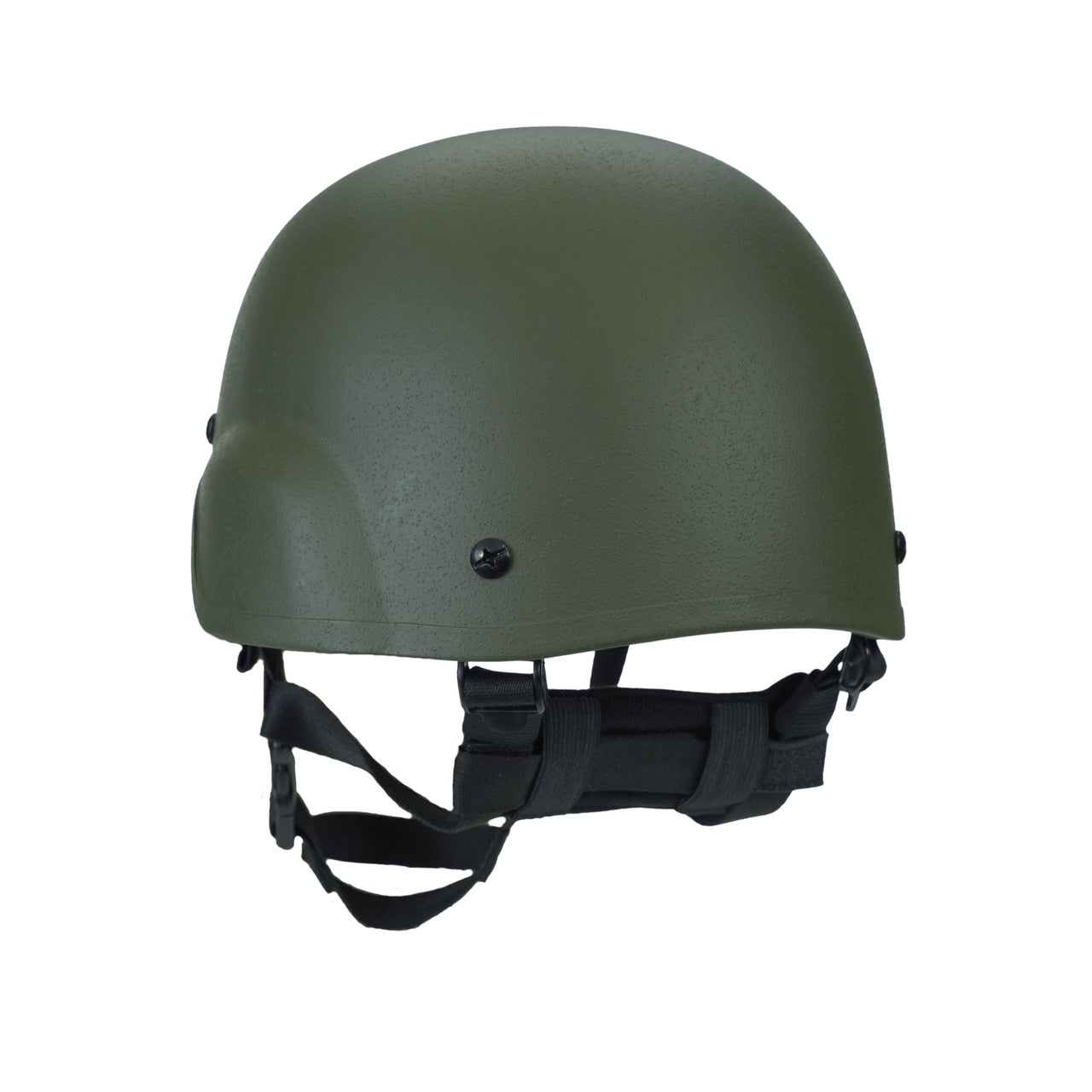 Side angle view of olive green military tactical helmet with black straps on a white background