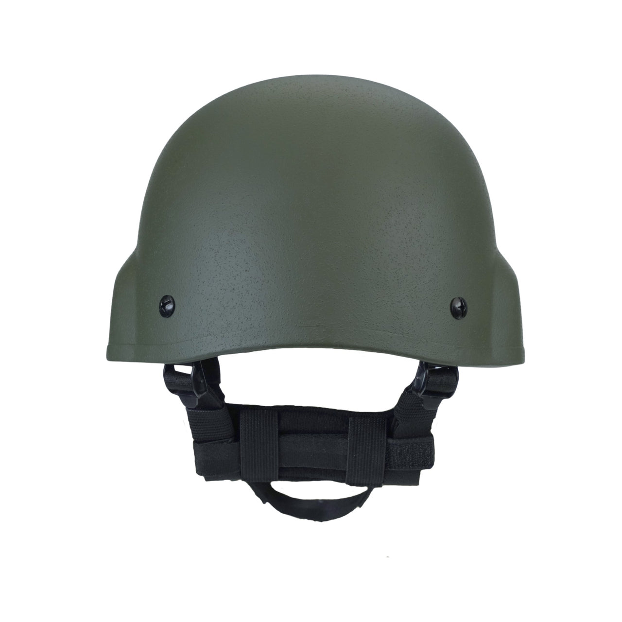 Back view of Olive Green military MICH 2000 tactical helmet with black straps on a white background