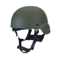 Thumbnail for Olive green military MICH 2000 tactical helmet with black straps on a white background