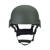 Thumbnail for Front view of olive green military MICH 2000 tactical helmet with black chin strap on a white background