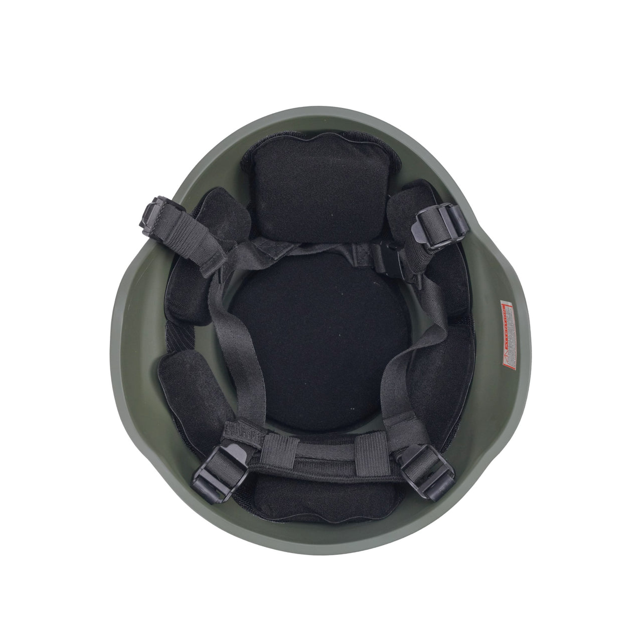 Inside view of olive green colour military MICH 2000 tactical_helmet with black interior memory foam padding and straps on a white background