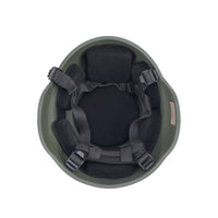 Thumbnail for Inside view of olive green colour military MICH 2000 tactical_helmet with black interior memory foam padding and straps on a white background