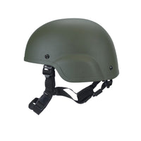 Thumbnail for Side view of Olive Green MICH 2000 tactical helmet with black straps on a white background .