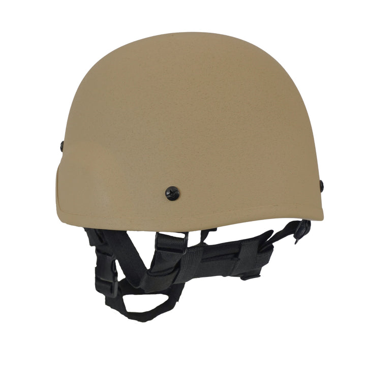 Back angle view of Tan military MICH 2000 tactical helmet with black straps on a white background