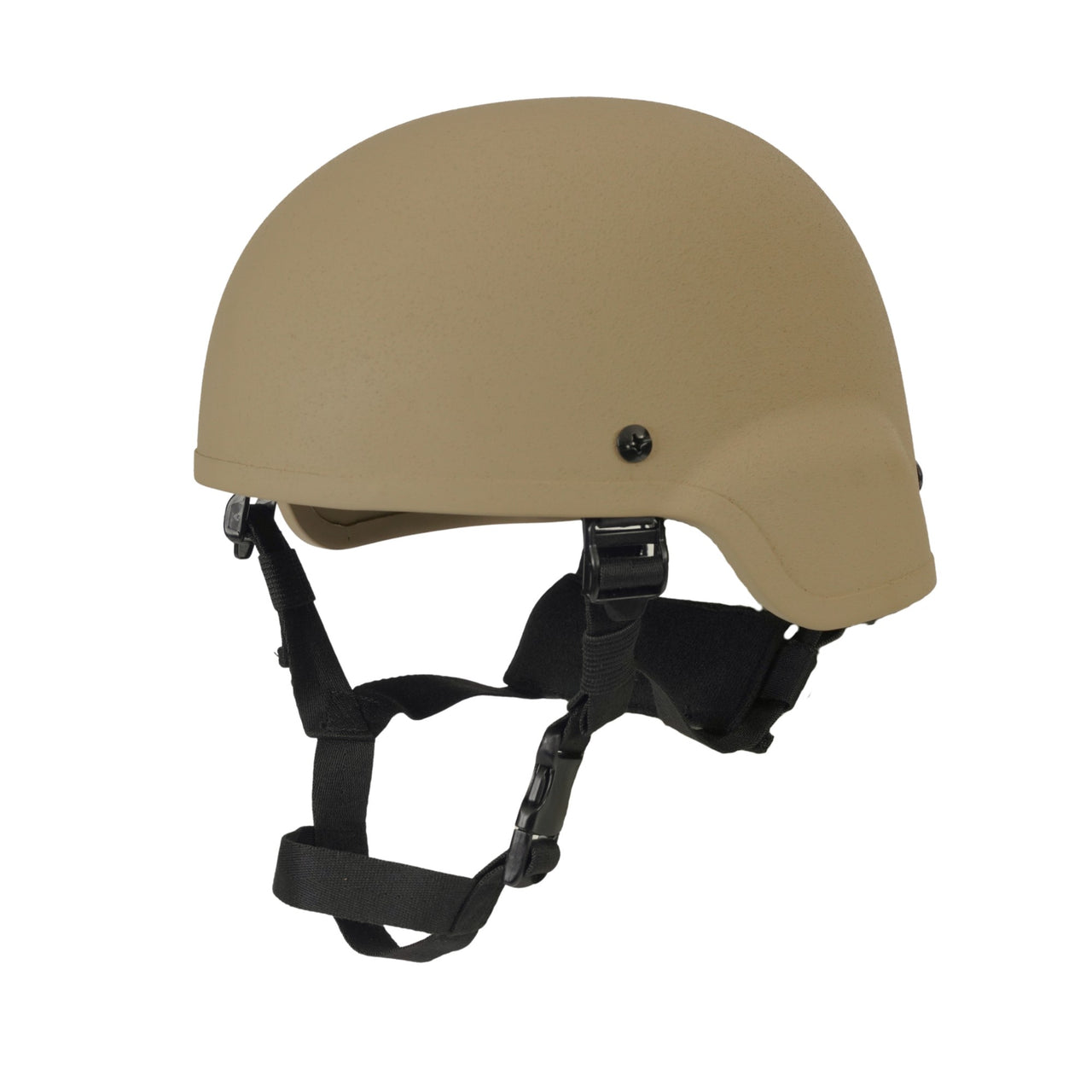 Tan MICH 2000 tactical helmet with black chin strap on a white background