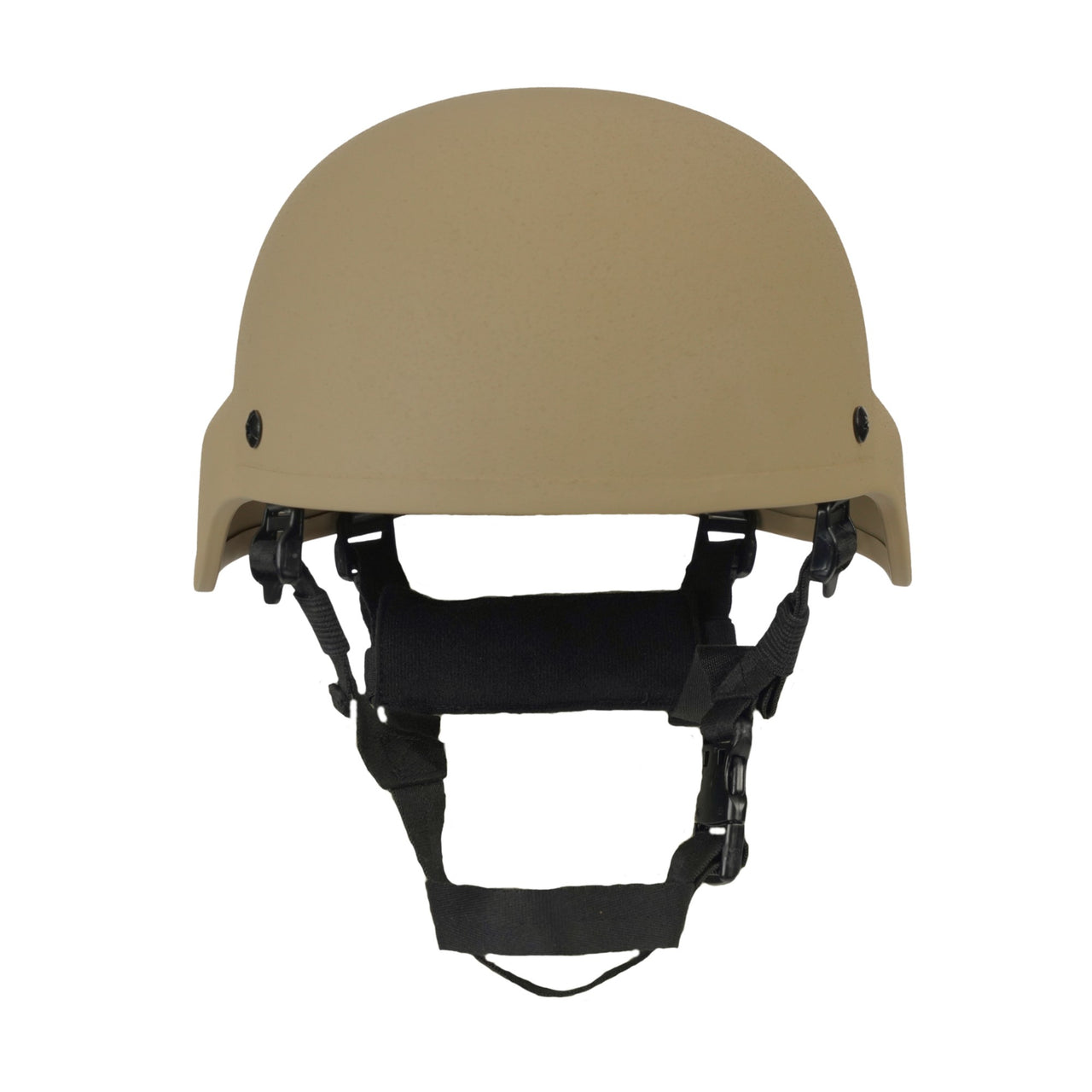 Front view of Tan military MICH 2000 tactical helmet with black straps on a white background
