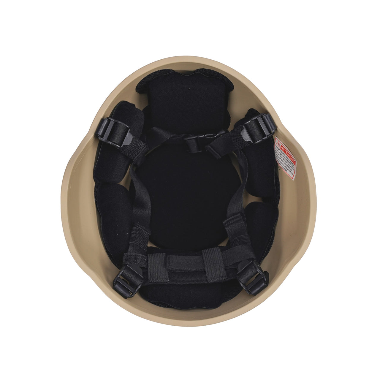 Inside view of Tan colour military MICH 2000 tactical helmet with black interior memory foam padding and straps on a white background