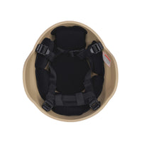 Thumbnail for Inside view of Tan colour military MICH 2000 tactical helmet with black interior memory foam padding and straps on a white background