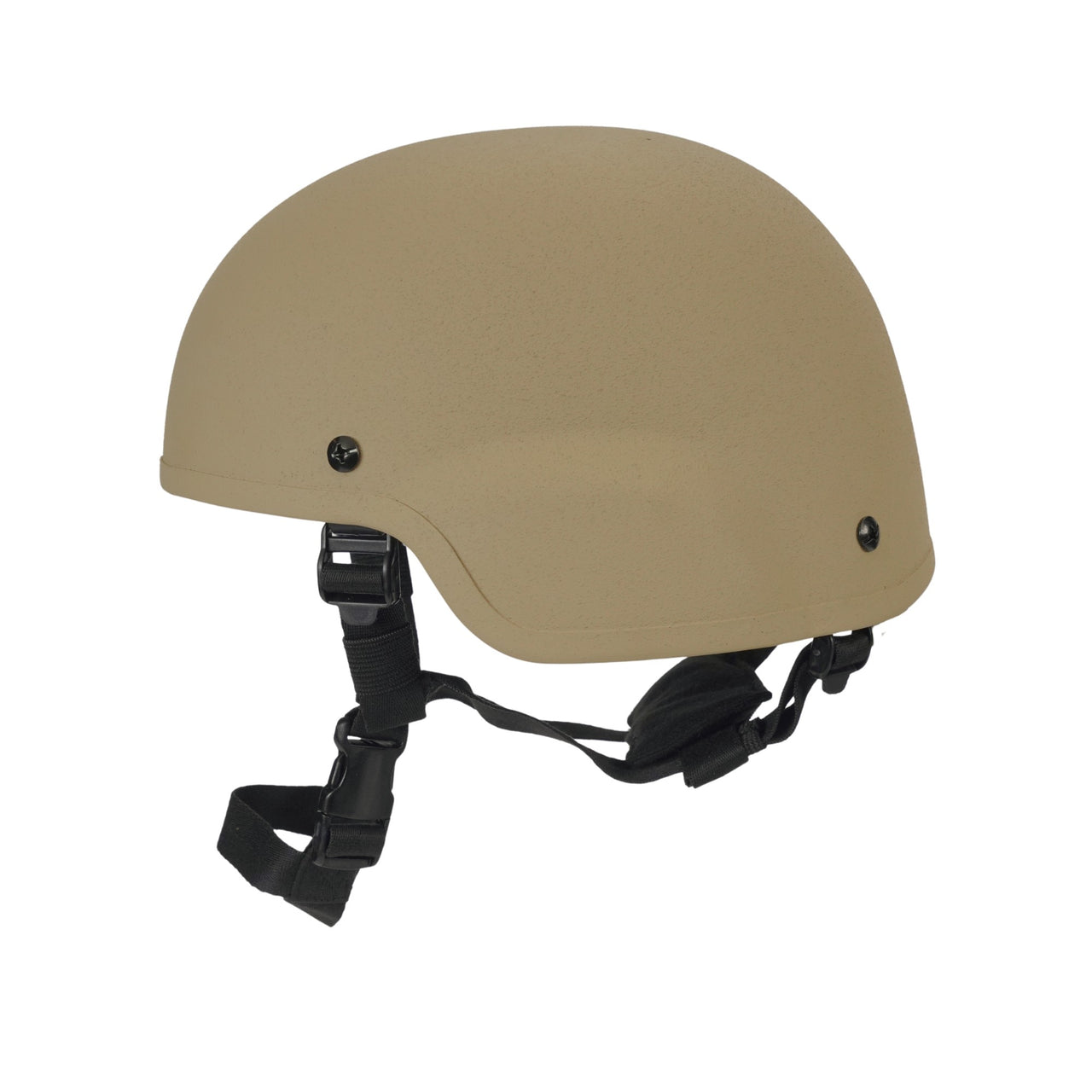 Side view of Tan MICH 2000 tactical helmet with black straps on a white background