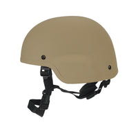 Thumbnail for Side view of Tan MICH 2000 tactical helmet with black straps on a white background