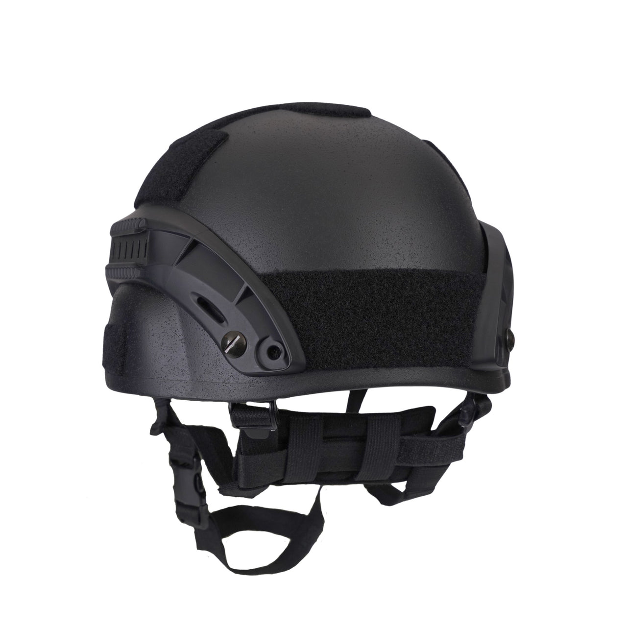 Back angle view of black colour Military MICH 2000 tactical helmet with rail and black straps on a white background