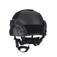 Thumbnail for Back angle view of black colour Military MICH 2000 tactical helmet with rail and black straps on a white background