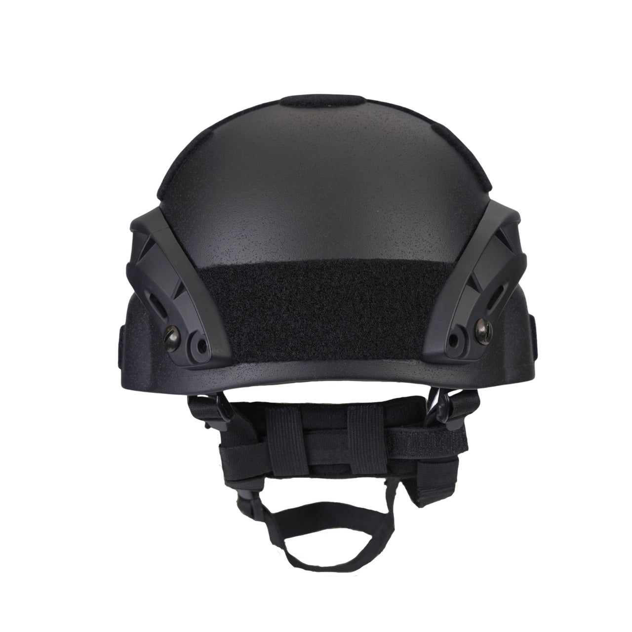 Back view of black colour military MICH 2000 tactical helmet with rail and black straps on a white background