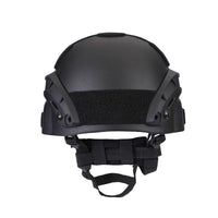 Thumbnail for Back view of black colour military MICH 2000 tactical helmet with rail and black straps on a white background