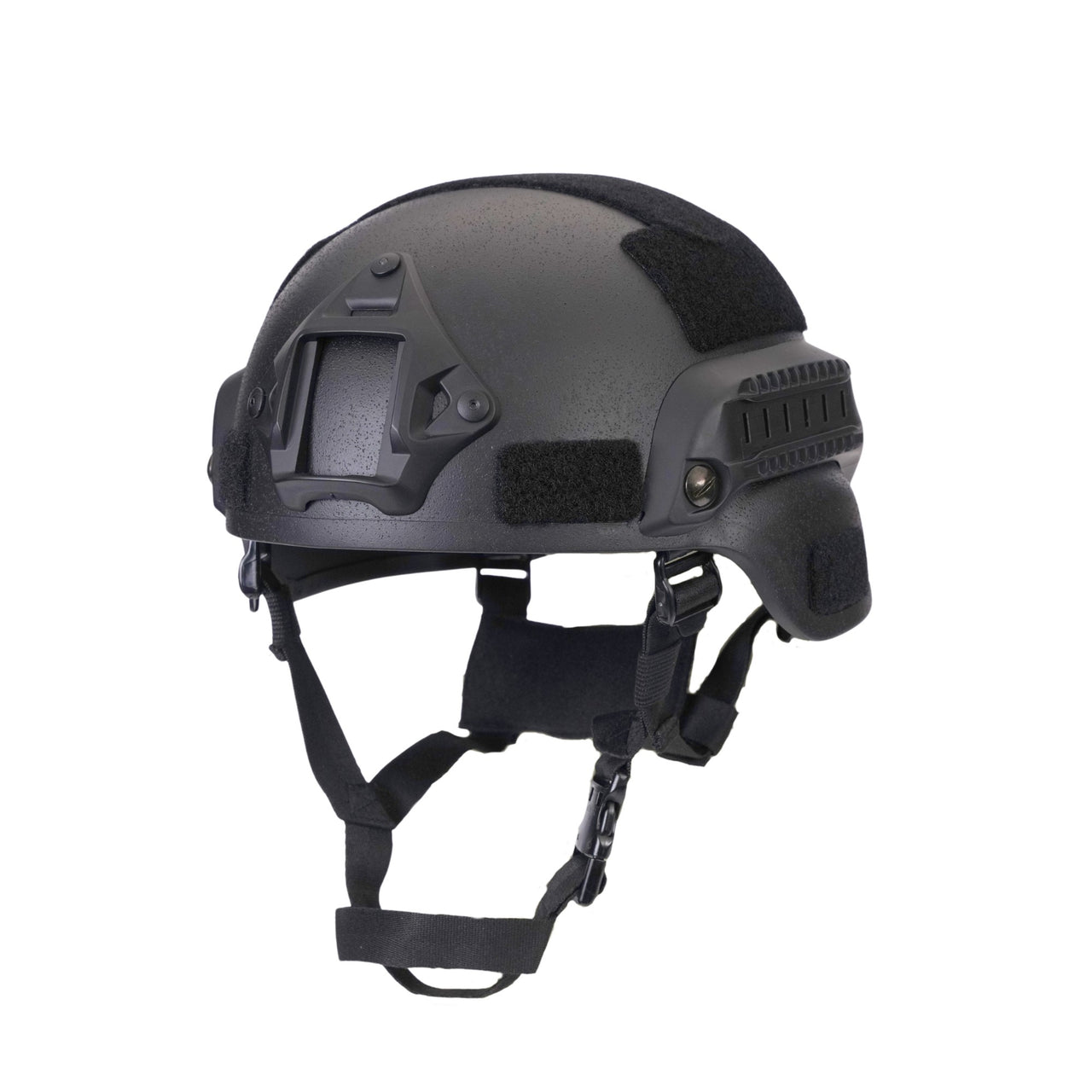 Black colour tactical MICH 2000 helmet with rails and black straps on a white background.