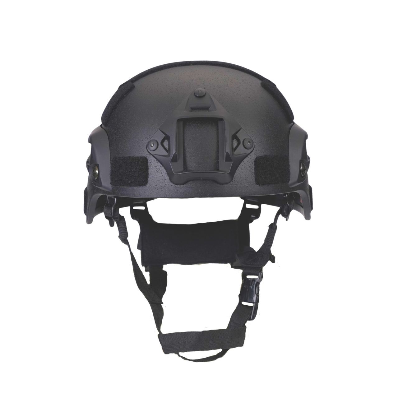 Front view of black colour military MICH 2000 tactical helmet with rail and black straps on a white background