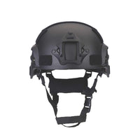 Thumbnail for Front view of black colour military MICH 2000 tactical helmet with rail and black straps on a white background
