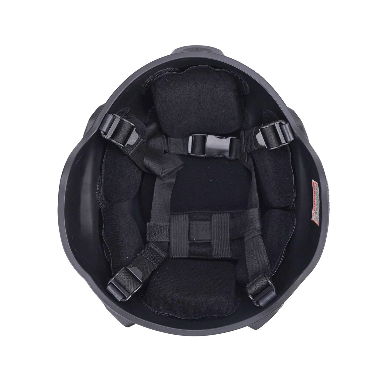 Inside view of black colour military MICH 2000 tactical helmet with rail and black interior memory foam padding and straps on a white background