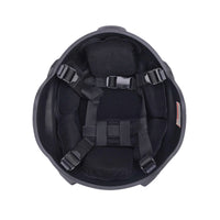 Thumbnail for Inside view of black colour military MICH 2000 tactical helmet with rail and black interior memory foam padding and straps on a white background