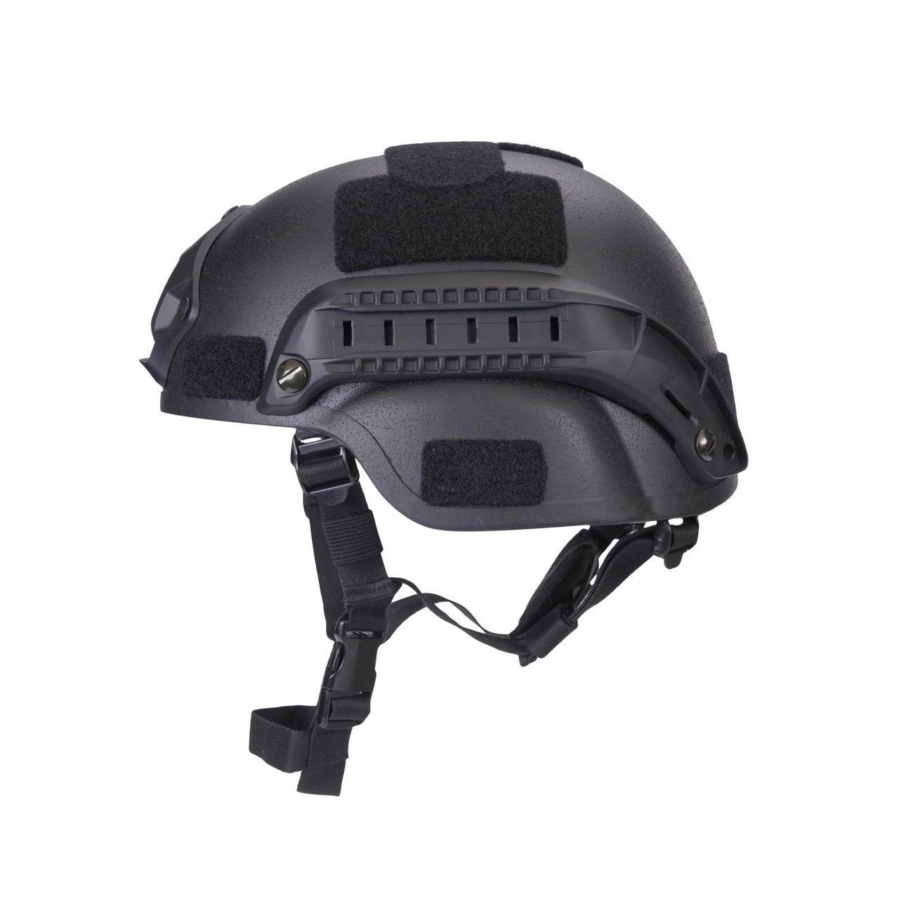 Side view of black colour MICH 2000 tactical helmet with rail and black straps on a white background