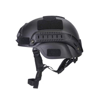 Thumbnail for Side view of black colour MICH 2000 tactical helmet with rail and black straps on a white background