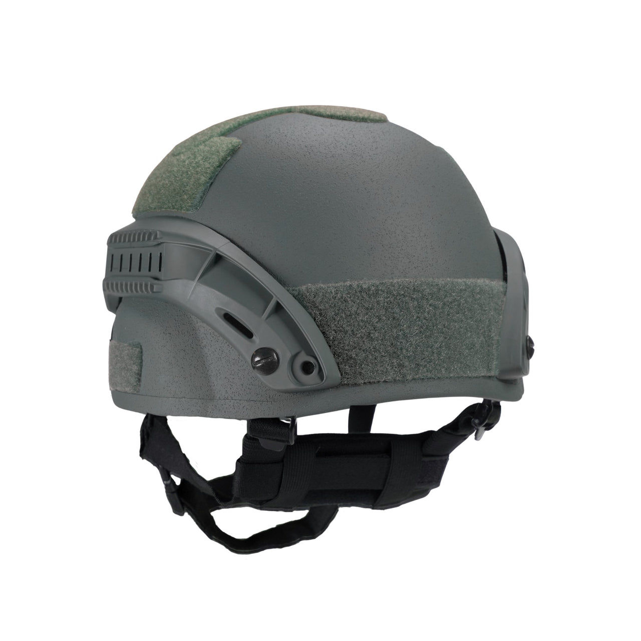 Back angle view of olive green colour Military MICH 2000 tactical helmet with rail and black straps on a white background