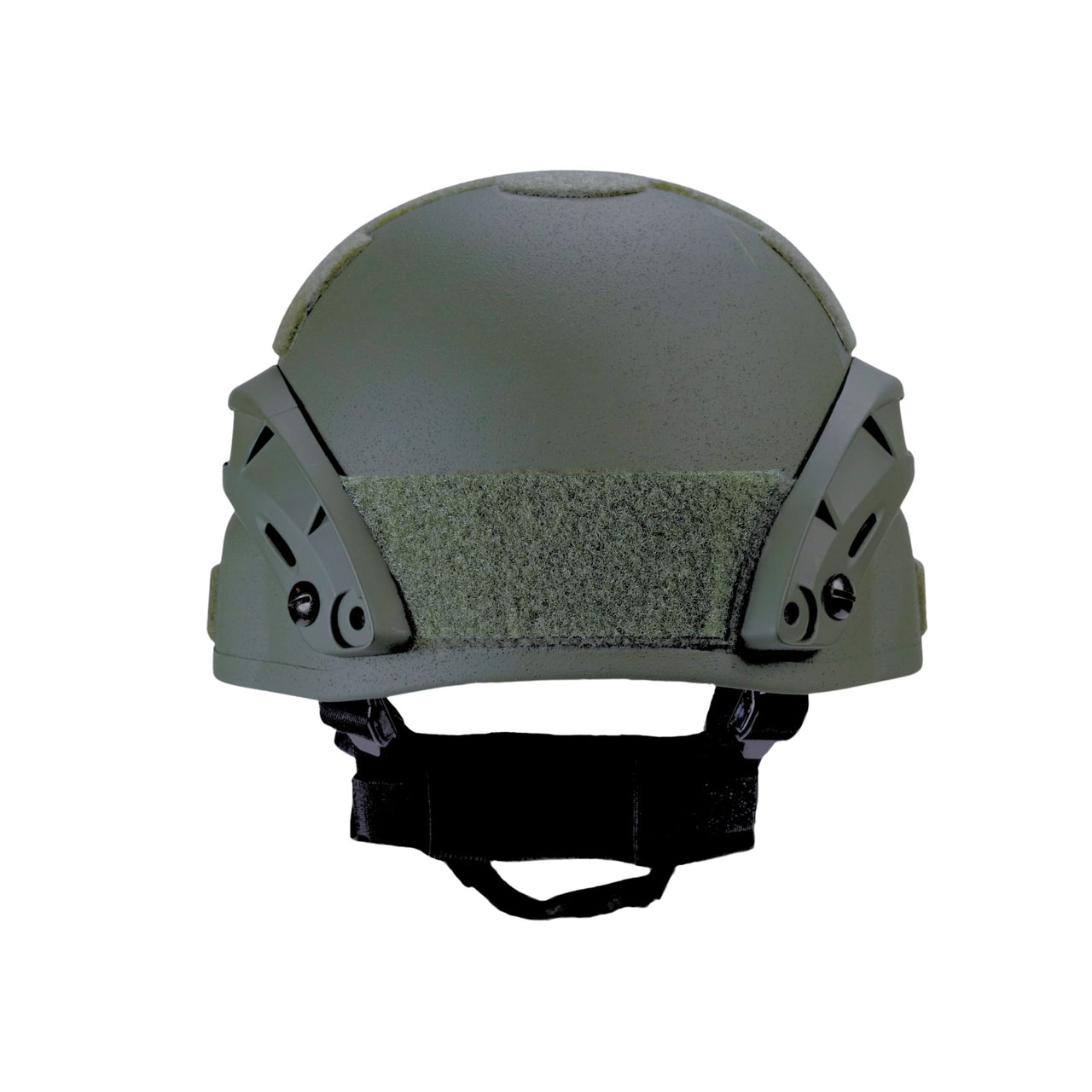 Back view of olive green colour military MICH 2000 tactical helmet with rail and black straps on a white background