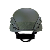 Thumbnail for Back view of olive green colour military MICH 2000 tactical helmet with rail and black straps on a white background
