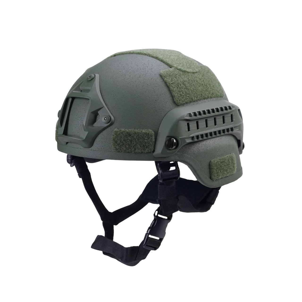 Olive Green colour tactical MICH 2000 helmet with rails and black straps on a white background