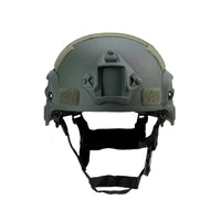 Thumbnail for Front view of olive green colour military MICH 2000 tactical helmet with rail and black straps on a white background