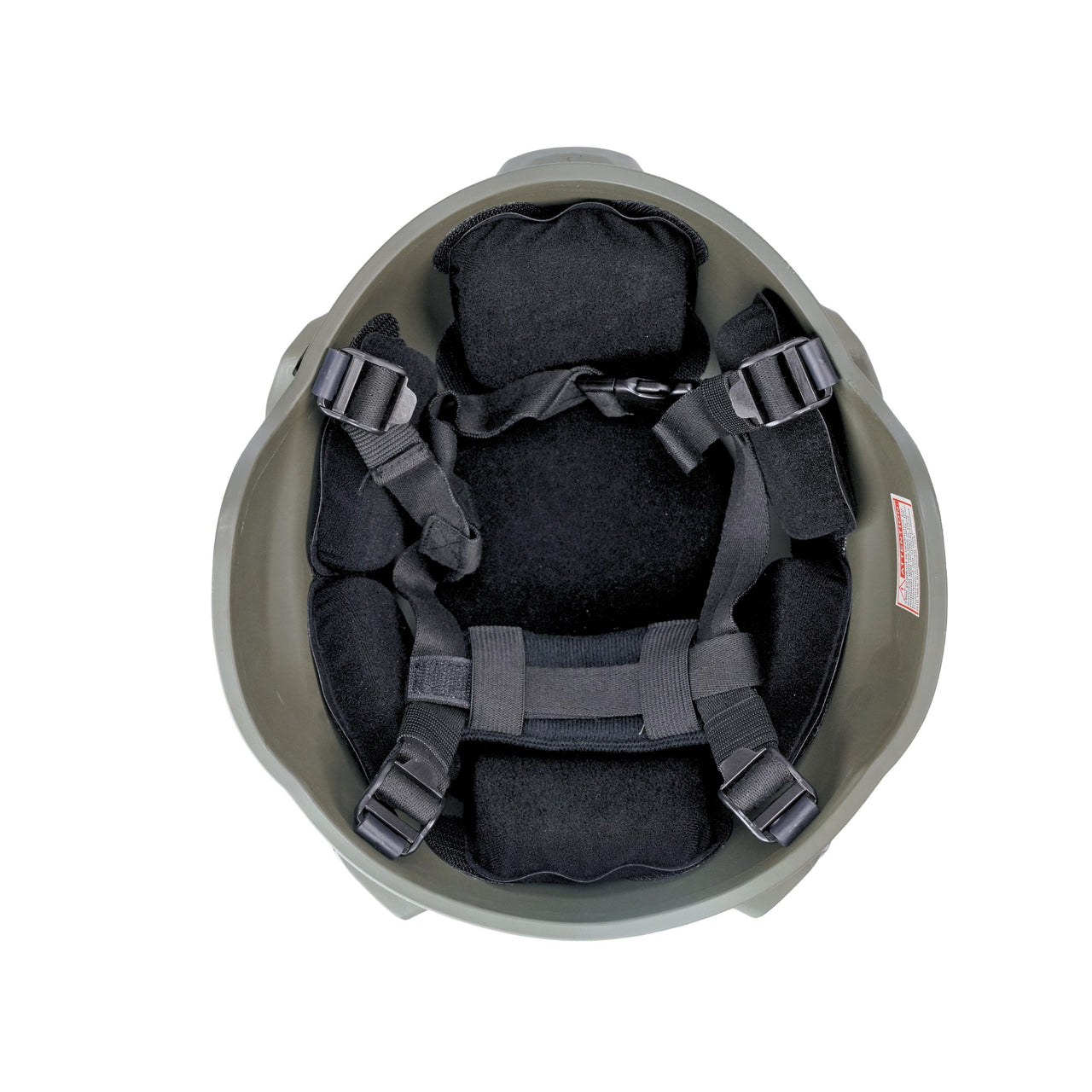 Inside view of olive green colour military MICH 2000 tactical helmet with rail and black interior memory foam padding and straps on a white background