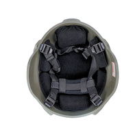 Thumbnail for Inside view of olive green colour military MICH 2000 tactical helmet with rail and black interior memory foam padding and straps on a white background