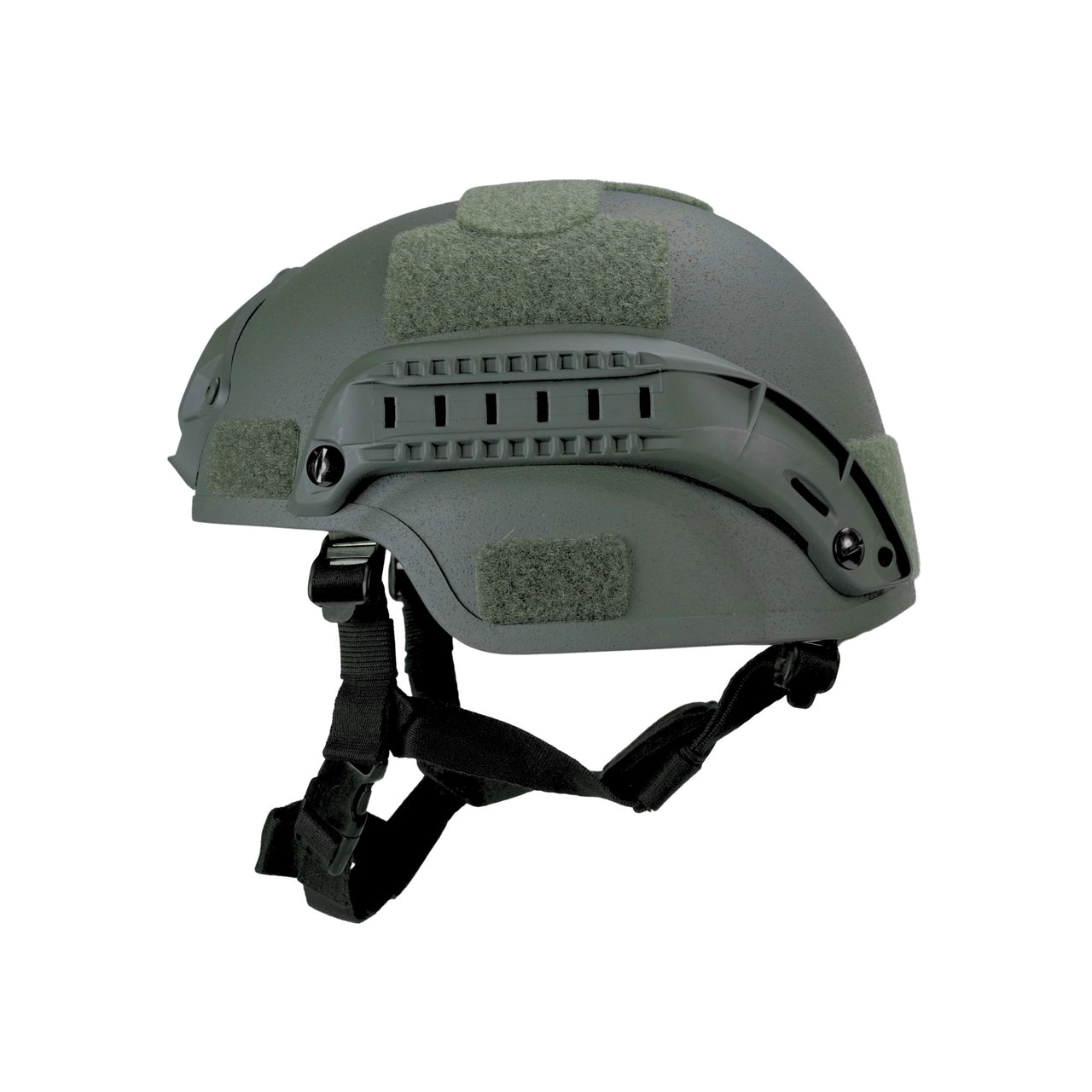 Side view of olive green colour MICH 2000 tactical helmet with rail and black straps on a white background