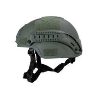 Thumbnail for Side view of olive green colour MICH 2000 tactical helmet with rail and black straps on a white background